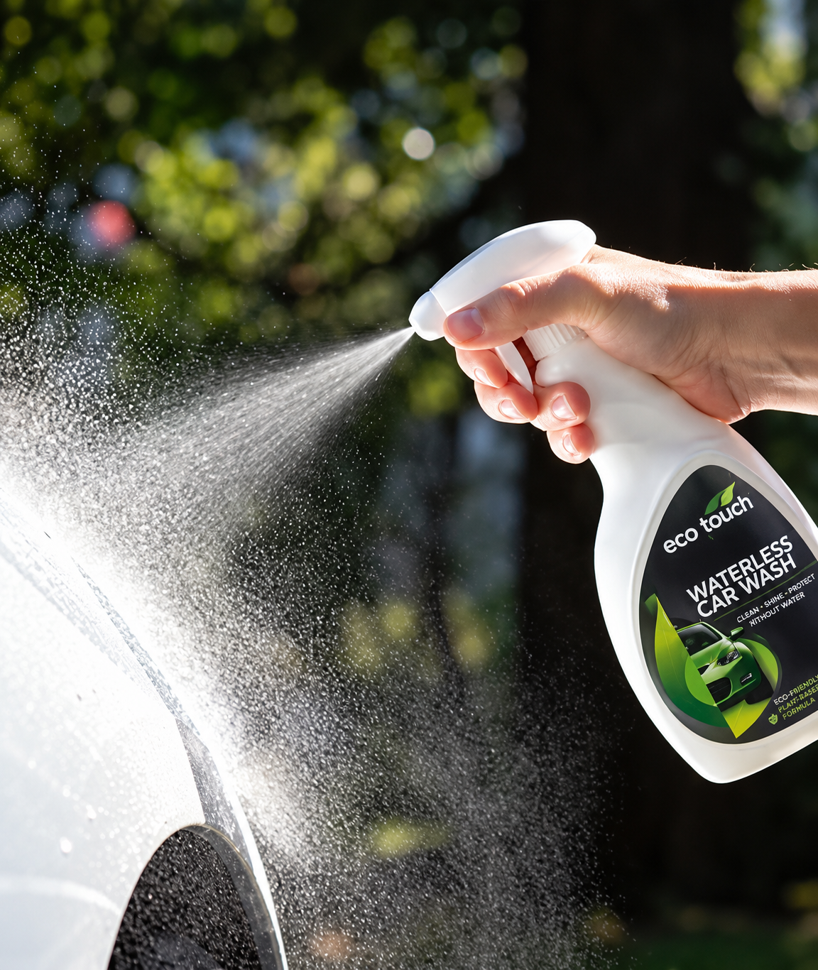 Produit de lavage auto sans eau écologique pulvérisé sur une carrosserie
